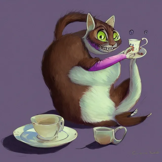 Image similar to cheshire cat drinking tea, by cory loftis, character art, art, very coherent, plain background, lighthearted, soft painting