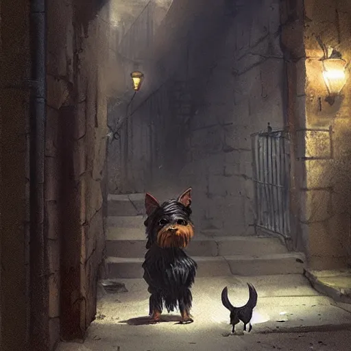 Image similar to detective yorkshire terrier wearing a fedora, in a dark alley, Greg Rutkowski, art station