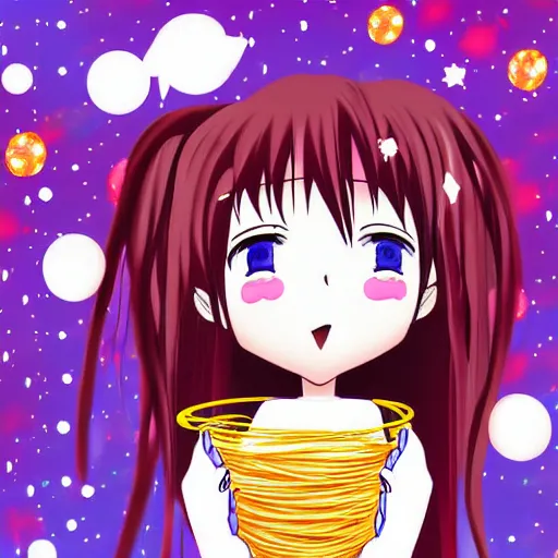 Prompt: Yandere anime girl smiling whilst holding a bowl of spaghetti in space, digital art