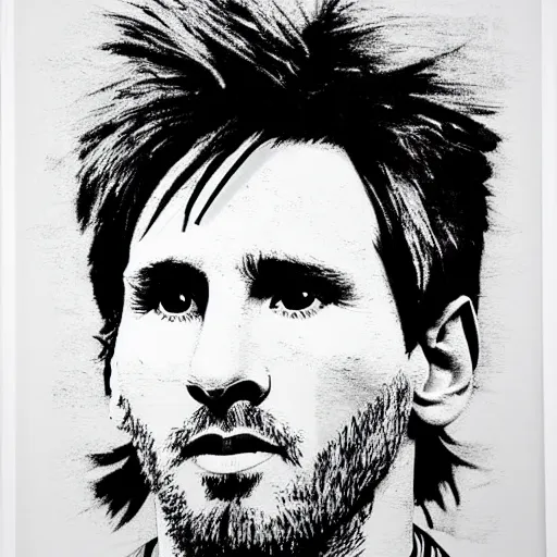 Image similar to a portrait of Lionel Messi, made by Andy Warhol, two tone, very high contrast, only black and white, simplistic, extremely high contrast, two tone, notan art, by Andy Warhol, minimalistic,