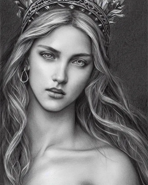 Image similar to pencil drawing of the beautiful greek goddess aphrodite wearing a laurel wreath with arrowhead earrings, piercing eyes, beautiful flowing hair, hyper realistic face, in the style of greg rutkowski, fantasy, amazing detail, epic, elegant, smooth, sharp focus