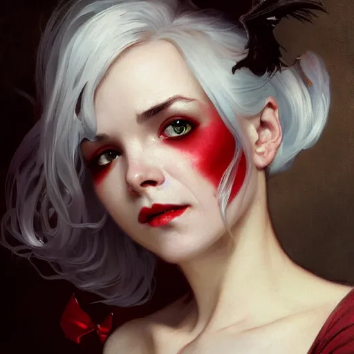 Image similar to portrait of a beautiful vampire by Stanley Artgerm Lau , greg rutkowski, thomas kindkade, alphonse mucha, loish, norman rockwell, J. C. Leyendecker. white hair, detailed eyes, red lips. Trending on artstation rule of thirds detailed illustration hd 4k