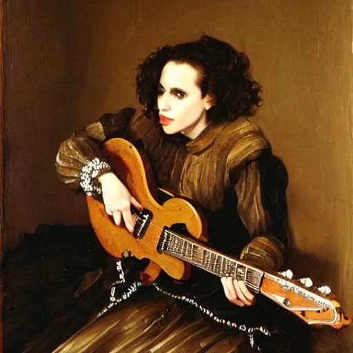 Prompt: Anna Calvi playing electric guitar, oil painting by Diego Velázquez