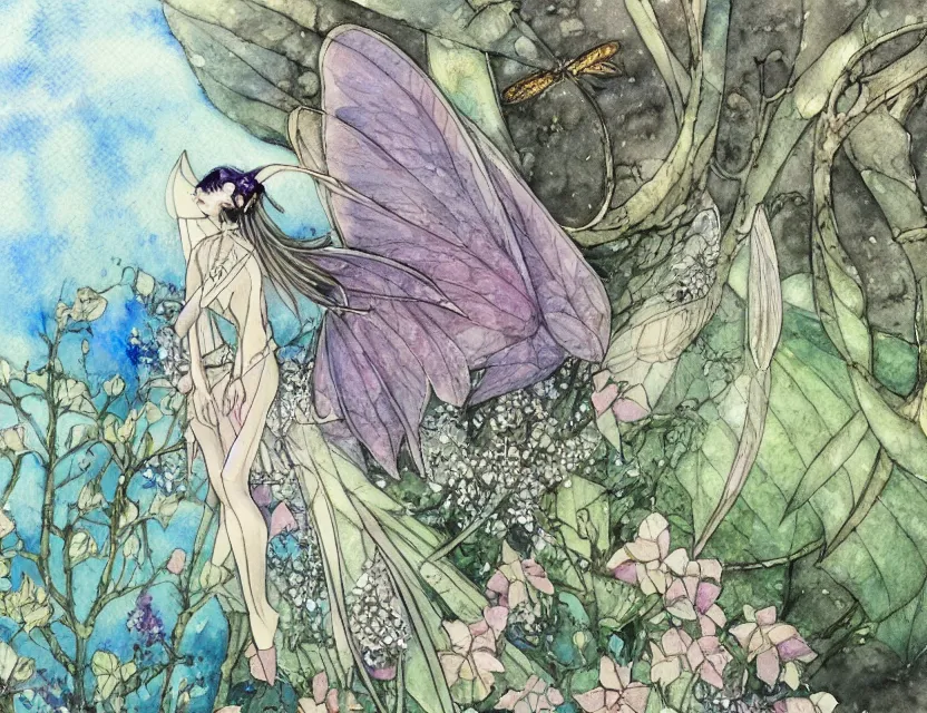 Prompt: faerie hawkmoth in the palace courtyard. this watercolor painting by the award - winning mangaka has a beautiful composition, great sense of depth and intricate details.