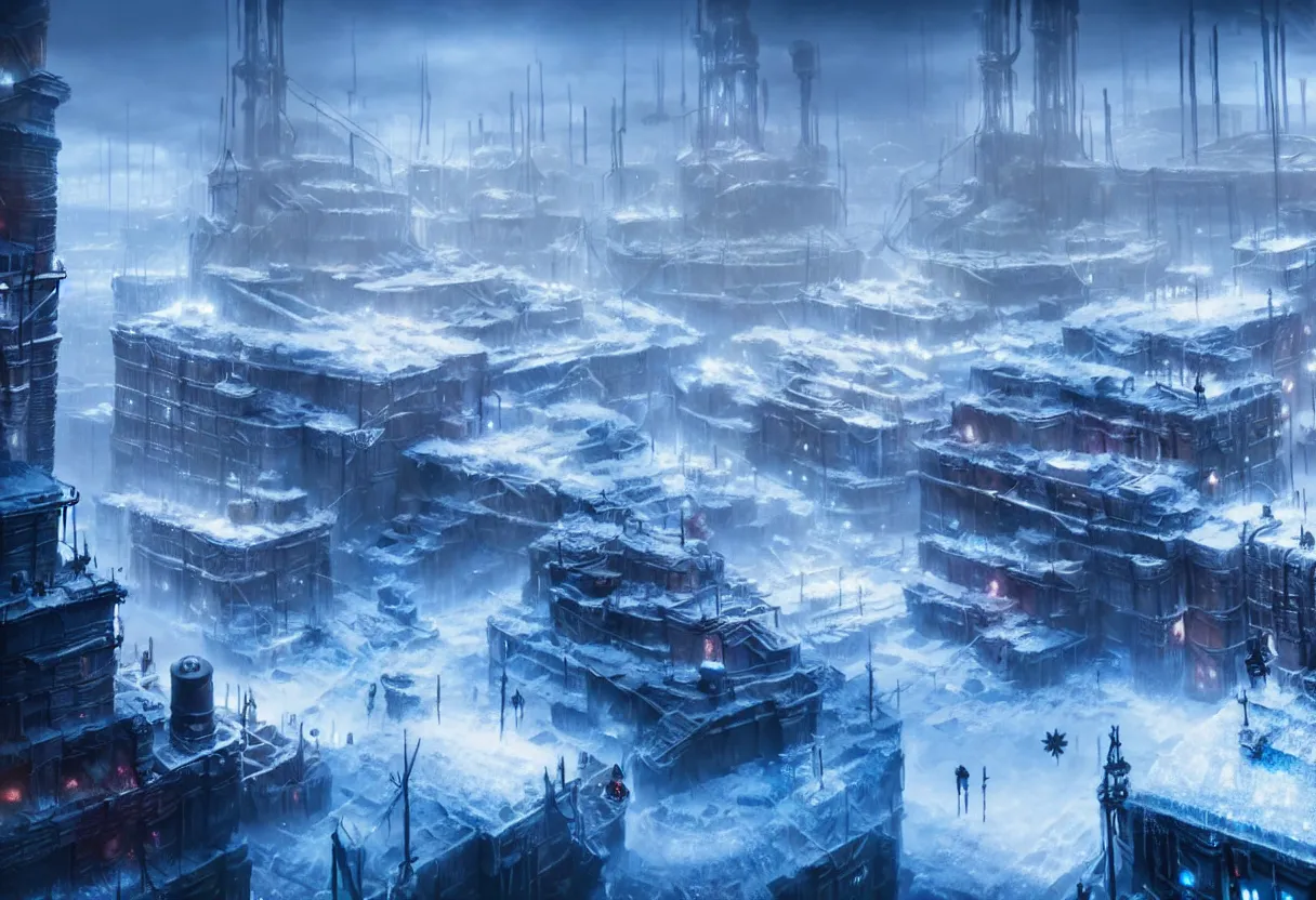 Image similar to frostpunk style concept art of frozen city with industrial machines, matte painting, beautiful render, octane render, concept art