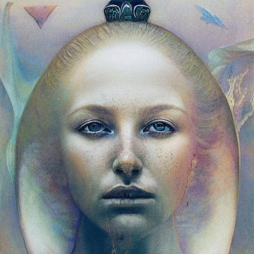 Image similar to queen of jupiter by zdzisław beksinski, iris van herpen, raymond swanland, craig mullins and alphonse mucha. highly detailed, hyper - real, beautiful