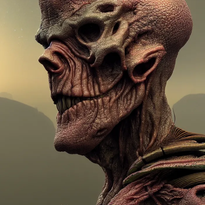 Prompt: a portrait of a character in a scenic environment by wayne barlowe, close up shot, dreamy hazy, biological armor, highly detailed, 3 d render, vray, octane, realistic lighting