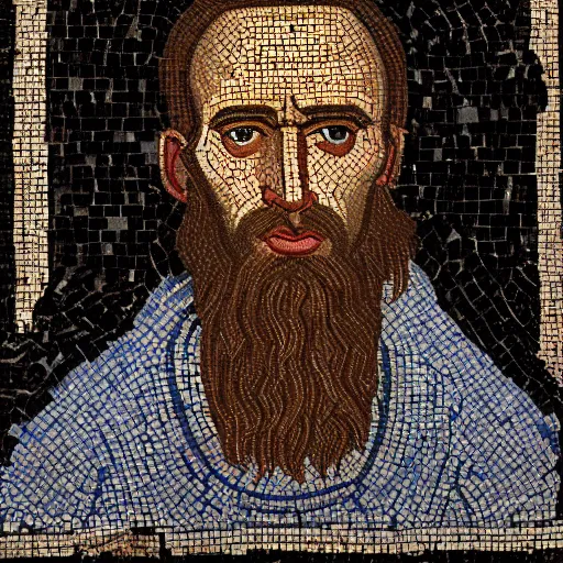 prompthunt: byzantine mosaic of gigachad, perfect face, perfect eyes,  strong jaw, centered, awarded photo, intricated, very detailed, highly  qualified