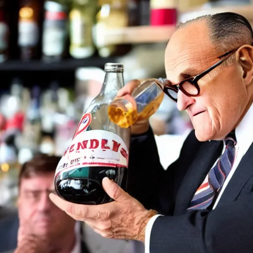 Image similar to news still of a drunk rudy giuliani holding a bottle, 4 k, professional