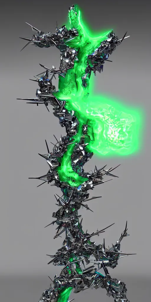 Image similar to 3 d photographic render of asymmetric melting japanese torii gate sculpture made of chrome, sakura bioluminescent chrometype, made of liquid metal, neotribal with thorns and green thunders, cyberpunk, raytracing, hyper realistic, volumetric lightning, 8 k, by zhelong xu and ouchh studio