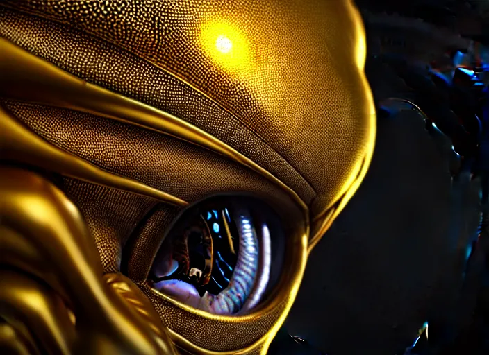 Prompt: hyperrealism, detailed textures, photorealistic 3 d render, an alien with gold eyes in a super star system from 5 million years ago, sharp focus, ultra realistic, ultra high pixel detail, cinematic, intricate, cinematic light, concept art, illustration, art station, unreal engine 8 k