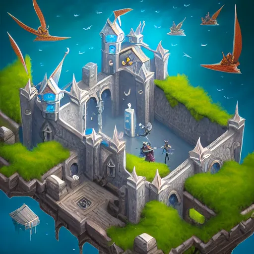 Prompt: flying castle location. game illustration, gamedev, game, design, mobile, aerial view, isometric, blizzard, playrix, nexters, intricate, elegant, pixel perfect, fantasy, highly detailed, digital painting, trending on artstation, sharp focus, by irina knk, by ann bruhanova, by zze festa, by tatiana gromova, 4 k