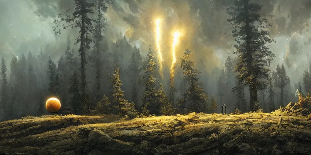 Image similar to a mysterious glowing orb of infinite energy and nebula, Ivan Shishkin and Greg Rutkowski