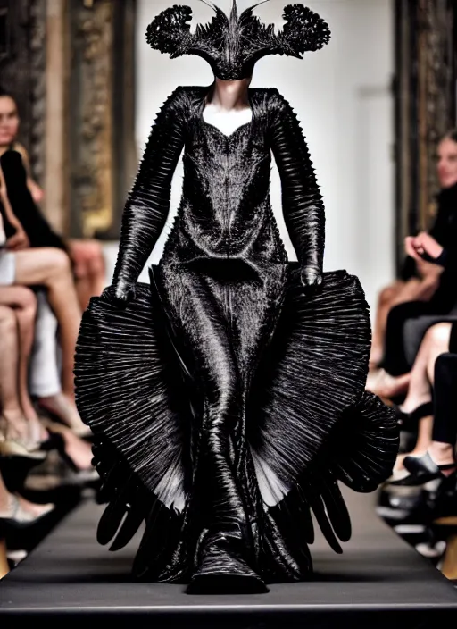 Image similar to walking down the catwalk, stage, vogue photo, podium, fashion show photo, historical baroque dress dark, iris van herpen