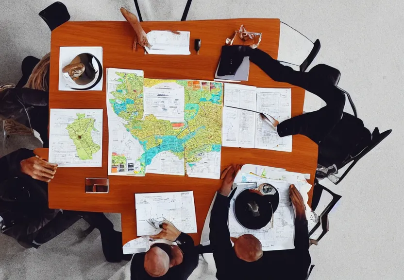 Image similar to “top view of powerful people sitting at a table with a map, digital art, award winning, 4k”