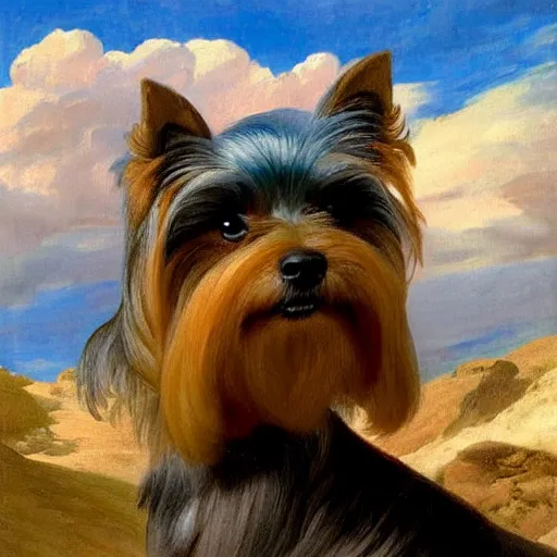 Prompt: Yorkshire Terrier under a rainbow in Santorini in the style of Lady with an Ermine, head and shoulders portrait, stormy weather, extremely detailed masterpiece, oil on canvas, by J. C. Leyendecker and Peter Paul Rubens and Edward Hopper and Michael Sowa,