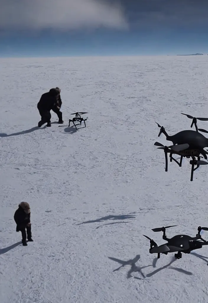 Image similar to exploding drone being hit by a men saving his wife from being crush by the drone, antartica background : : 2 intense, movie action scene, detailed, coherent