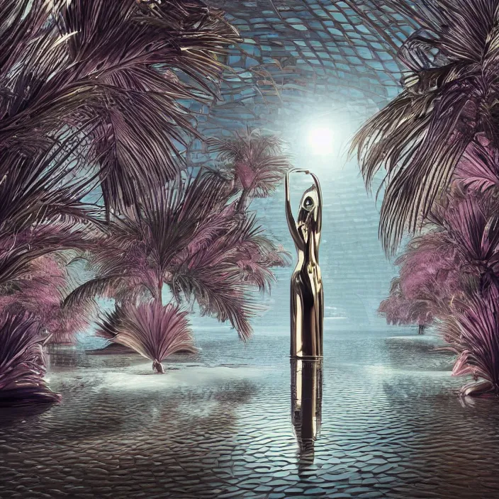 Prompt: hyperrealistic geometric objects in a surreal minimalistic 8 0's dreamscape environment by salvador dali, enormous chrome man, highly detailed, 3 d render, octane, beautiful lighting, photorealistic, intricate, elegant, wayne barlowe, water, mirrors, pink doorway, beautiful, masterpiece, trending on artstation, artgerm, checkered floor, palm tree