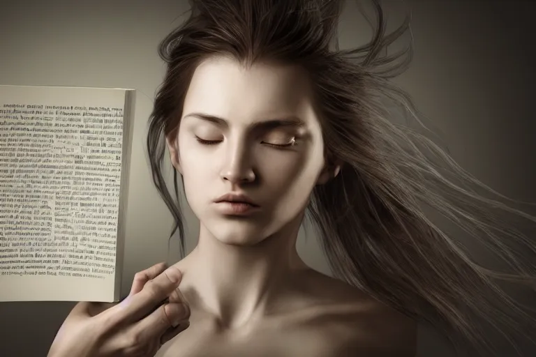 Prompt: an ultra realistic, cinematic, headshot portrait, of a girl reading a book, hair flowing down, facial features, detailed, deep focus, movie still, dramatic lighting, ray tracing, by michal karcz and yoshitaka amano