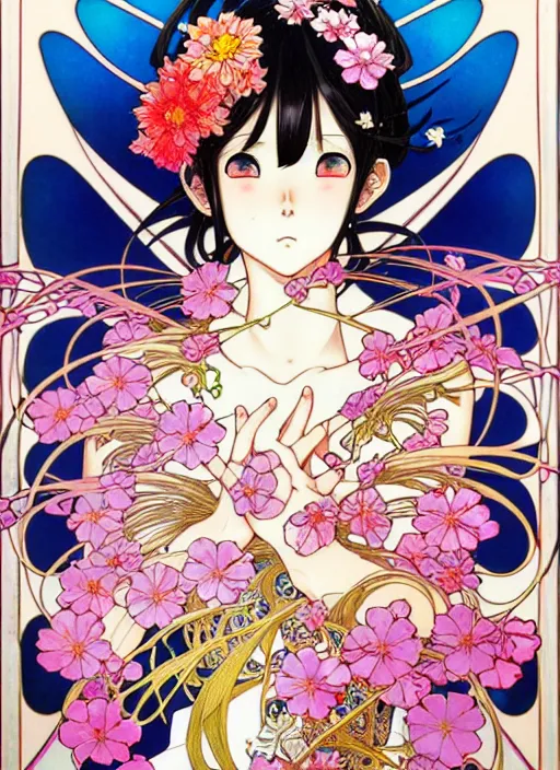 Image similar to exquisite imaginative manga poster art of genshin impact, flowers, pearlescent, shimmering, reflective, rim light, detailed background, by kojima ayami, shigenori soejima, minaba hideo, alphonse mucha, art nouveau, illustration, artstation, concept art, highly detailed, colorful, maximalist