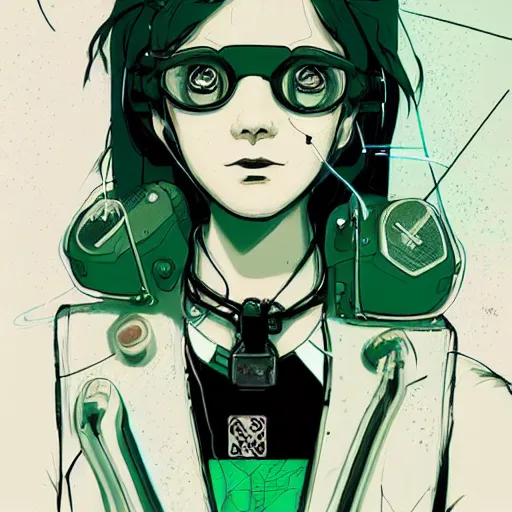 Prompt: Highly detailed portrait of a post-cyberpunk young lady with, freckles and cool hair, with robotic facial enhancements by Atey Ghailan, by Loish, by Bryan Lee O'Malley, by Cliff Chiang, inspired by image comics, inspired by graphic novel cover art, inspired by nier, inspired by scott pilgrim !! Gradient green, black and white color scheme ((grafitti tag brick wall background)), trending on artstation