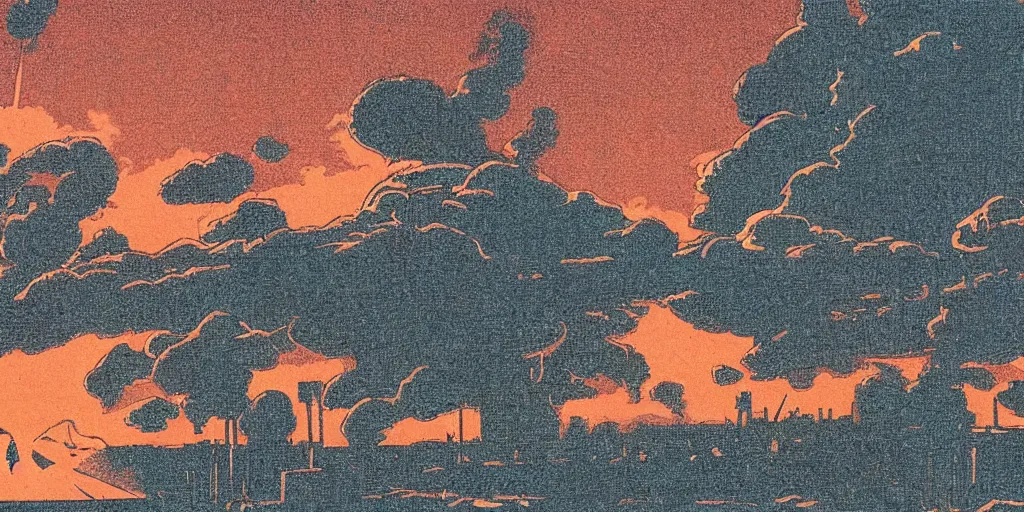 Prompt: a close - up grainy risograph, matte painting of a scene from the terminator doomsday atomic explosion by moebius and lehr paul
