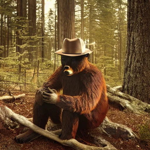 Prompt: UHD canndid photo of Smokey The Bear in the woods, sitting on the porcelain throne, by Annie leibowitz, photorealisitc, extremely detailed