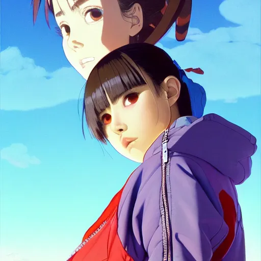 Image similar to a beautiful boyish natalie portman gravure model, wearing oversized mayan bomber jacket and leotard with overalls, bulky poofy bomber jacket with mesoamerican patterns, mesoamerican street fashion, gapmoe yandere grimdark, trending on pixiv fanbox, painted by greg rutkowski makoto shinkai takashi takeuchi studio ghibli, akihiko yoshida