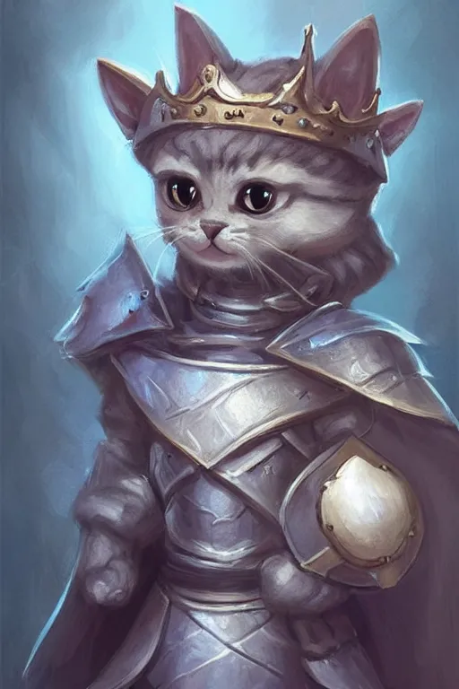 Image similar to cute little anthropomorphic cat knight wearing a cape and a crown, tiny, small, miniature cat , baby animal, short, pale blue armor, cute and adorable, pretty, beautiful, DnD character art portrait, matte fantasy painting, DeviantArt Artstation, by Jason Felix by Steve Argyle by Tyler Jacobson by Peter Mohrbacher, cinematic lighting