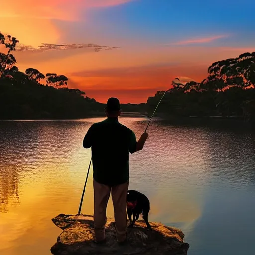 Image similar to an australian man, facing away from the camera towards a sunrise, over a reflective lake, fishing rod set up next to the man, with tackle box and a dog sleeping on the ground, awe inspiring award - winning, matte painting