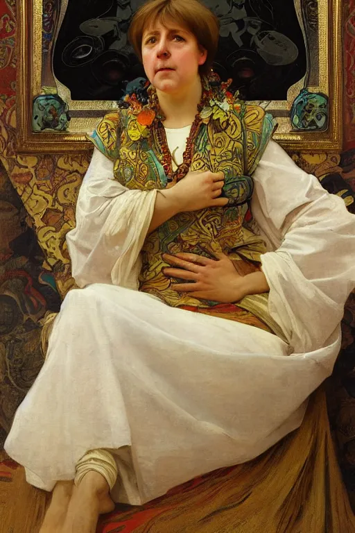 Image similar to angela merkel, Ilya repin, alphonse mucha, and Edmund Blair Leighton A meaningful painting in an symbolist style, oil on canvas, baroque, beautiful lighting, trending on Artstation, Highly detailed