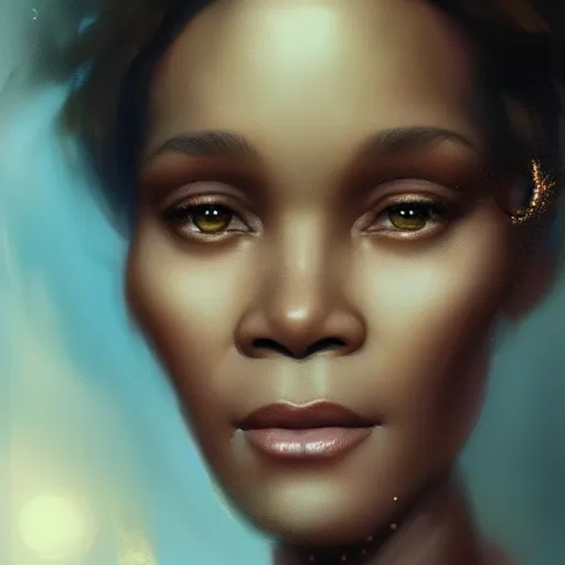 Prompt: a beautiful portrait of water goddess Whitney Houston with silk skin by Greg Rutkowski and Raymond Swanland Trending on Artstation, ultra realistic digital art