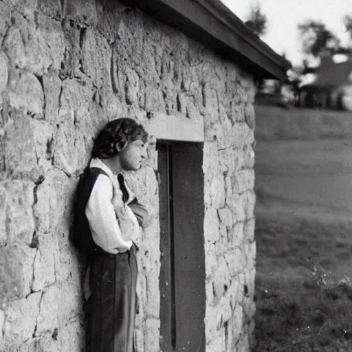 Prompt: Photograph of an utterly terrified young man with long hair on the verge of panic tears cornered with his back against a stone wall. He is wearing a 1930s attire. He looks utterly panicked and distressed and is trying to protect himself from an assailant.