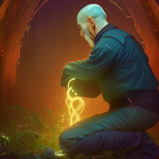 Image similar to an old necromancer kneeling down trying to resurrect his friend from dead, Green aura, artstation, Grim fantasy,emotional, EOS R5, f/2.5 , illustration , concept art, award winning photograph, 8k, Alphonse Mucha style,