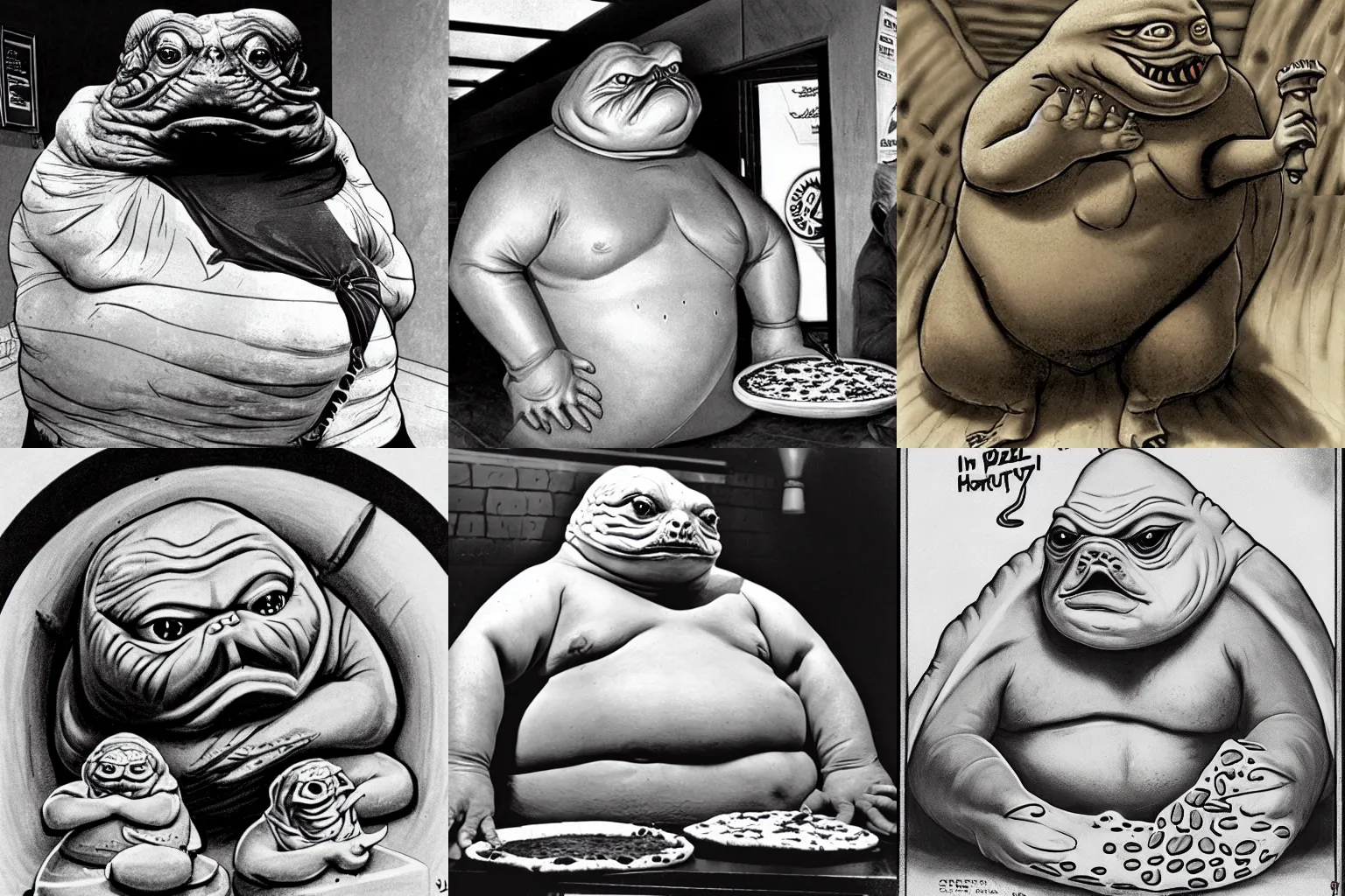 Prompt: Jabba the Hutt working at Pizza Hut by Ray Harryhausen