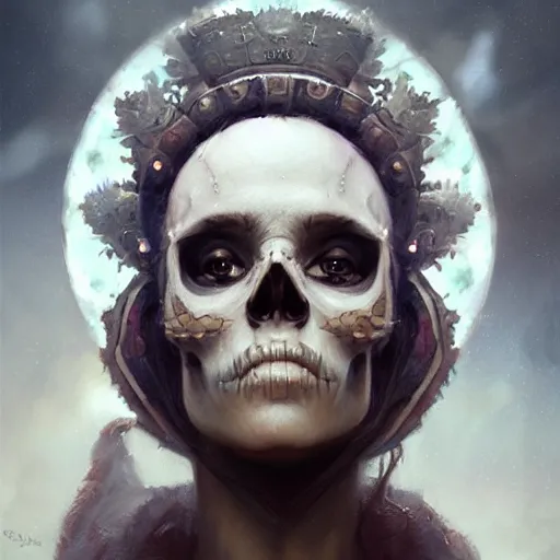 Prompt: a beautiful portrait of a skull goddess by Greg Rutkowski and Raymond Swanland, Trending on Artstation, ultra realistic digital art