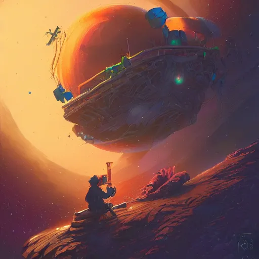 Prompt: interloper consuming food in no man's sky colorful, fantasy, intricate, highly detailed, digital painting, hq, trending on artstation, illustration, style of stanley artgerm and greg rutkowski and dan mumford