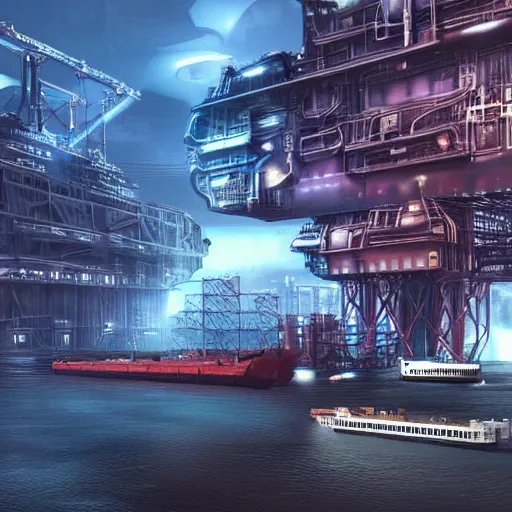 Image similar to photo of Immense industrial futuristic cargo ship arrives at cyber punk city sea port, cinematic lighting, photo