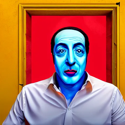 Image similar to ultra realistic portrait of turkish comedian cem yilmaz in a studio, ultra detailed, under blue, red and yellow cinematic lighting, salvador dali, cartoon, monument valley, escher