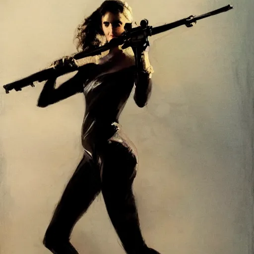 Image similar to alison brie as james bond, intricate, elegant, highly detailed, greg manchess, mucha, liepke, ruan jia, jeffrey catherine jones, ridley scott