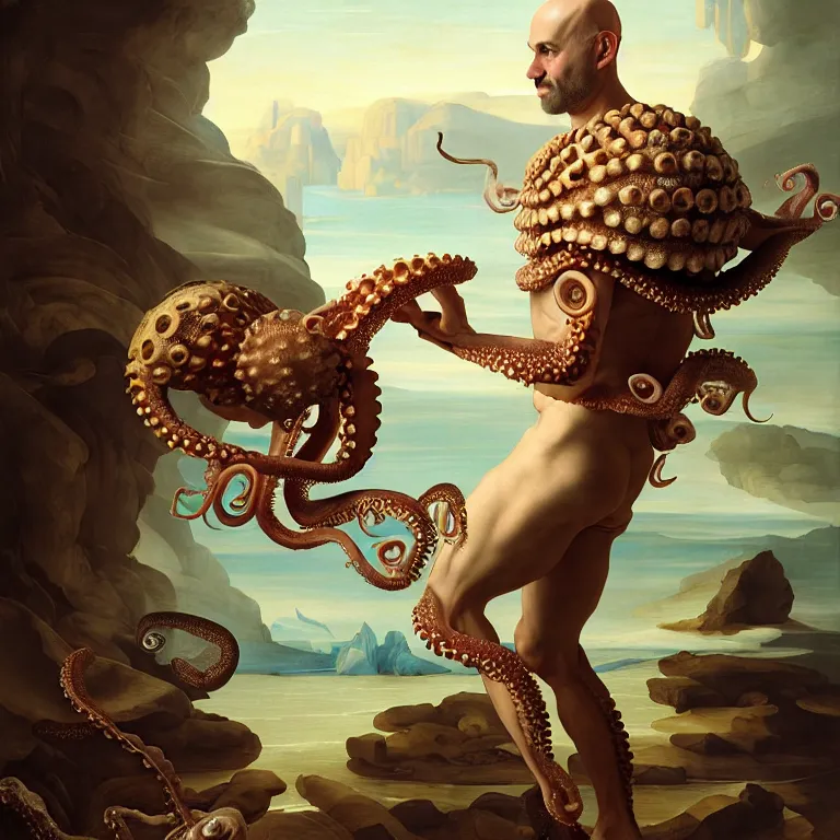 Prompt: young bald man wearing exoskeleton armor, standing in a shell, holding a squid, octopus, sea in the background, beautiful baroque portrait painting, psychedelic, trippy, hallucination, dream, beautiful detailed intricate insanely detailed octane render trending on Artstation, 8K artistic photography, photorealistic, chiaroscuro, Raphael, Caravaggio