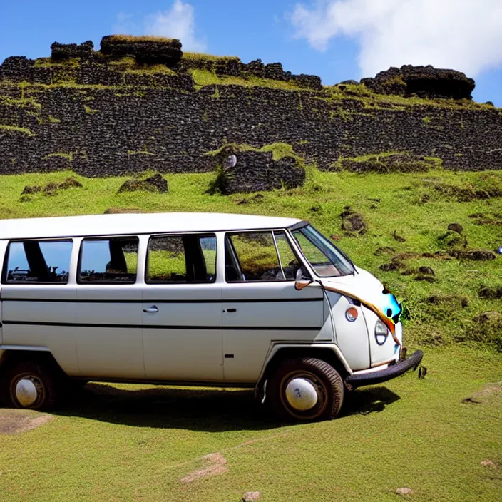 Prompt: ancient vw bus made of stone on the besch, moai from rapa nui style