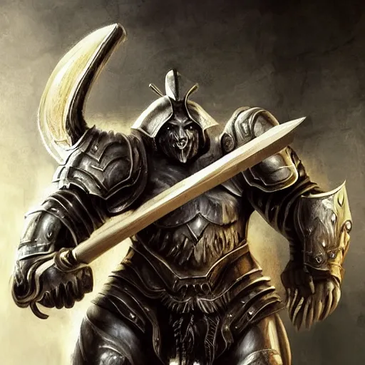 Image similar to Giant minotaur humanoid beast warrior with two handed axe, heavy white and golden armor, impressive horns, long mane, full body, muscular, dungeons and dragons, hyperrealism, high details, digital painting, dark fantasy