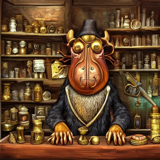 Prompt: Anthropomorphized DinosUr trader in his shop, selling his wares, portrait, items, gold, magic potions, carpet, window, fancy hat, sly expression , cunning expression, cute expression, long thick shiny gold beak, presenting wares, holding a gold bag, D&D, fantasy, cinematic lighting, highly detailed, digital painting, artstation, concept art, smooth, sharp focus, illustration, warm light, cozy warm tint, magic the gathering artwork, volumetric lighting, 8k, art by Akihiko Yoshida, Greg Rutkowski