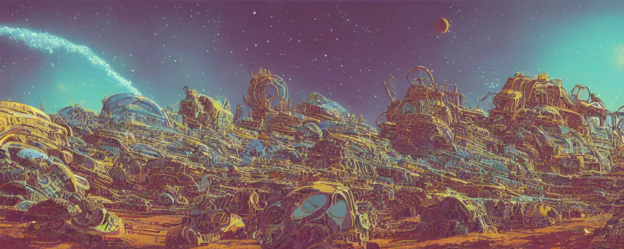 Image similar to illustration of a vast cosmic junkyard on a barren world. the environment is cluttered with colourful old broken sci fi vehicles. Landscape image showing a huge tangle of junk with a vast shipwrecks by roger dean. a distant mountain and stars in the sky. Moebius & Jean-Claude Mézières. digital painting. extremely detailed science fiction art. high resolution image.