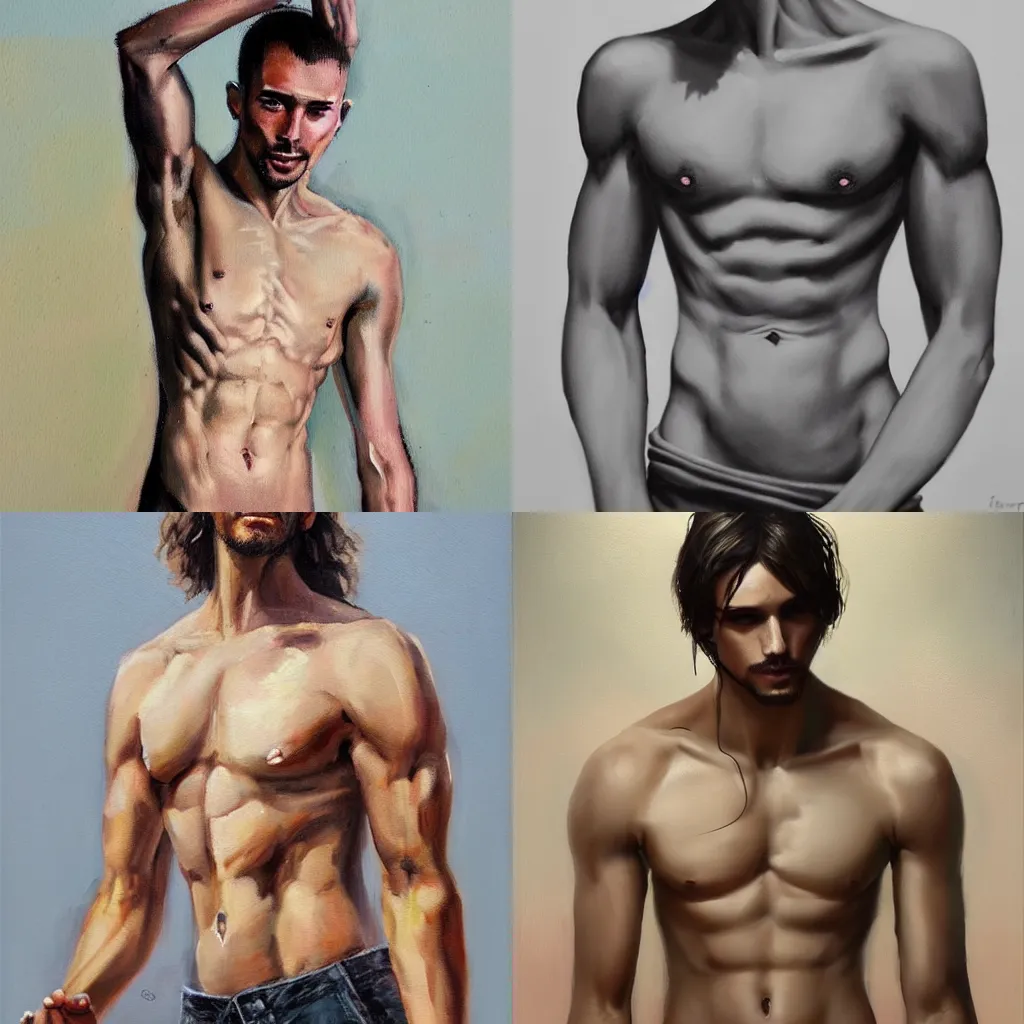 Prompt: a beautiful painting of a barechested man, skinny build, trending on artstation