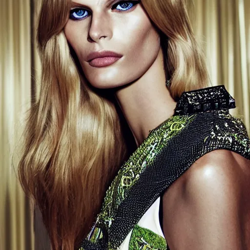 Image similar to A beautiful portrait of Julia Stegner as a model at Versace fashion show Spring/Summer 2014, highly detailed, in the style of cinematic, fashionweek backstage,makeup by Pat Mcgrath, Shot by Benny Horne