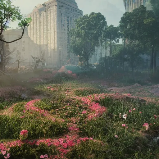 Image similar to A ruined city overgrown by flowers, octane render, 8K, depth of field, By WLOP