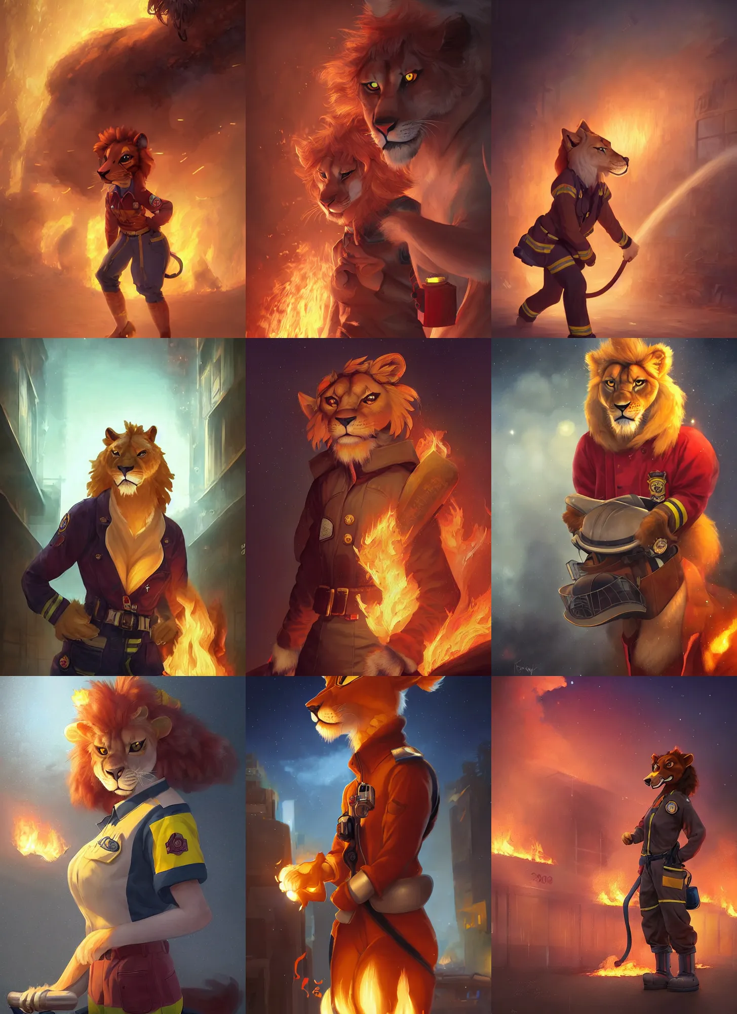 Prompt: beautiful portrait of a female anthropomorphic lioness fursona wearing a firefighter uniform putting out a burning building at night. character design by disney, charlie bowater, ross tran, artgerm, and makoto shinkai, detailed, soft lighting, rendered in octane