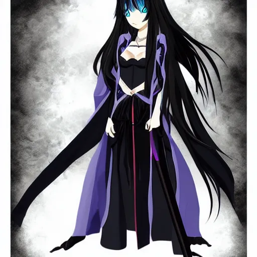 Image similar to beautiful female wizard, blue eyes, black clothing, daughter of death, anime style, concept art